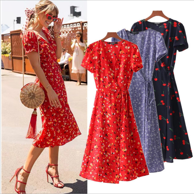 Cross-border Monopoly AliExpress Amazon Hot Women's Printed Floral Bubble Sleeve First Wrap V-neck dress Cross-border Monopoly AliExpress Amazon Hot Women's Printed Floral Bubble Sleeve First Wrap V-neck dress