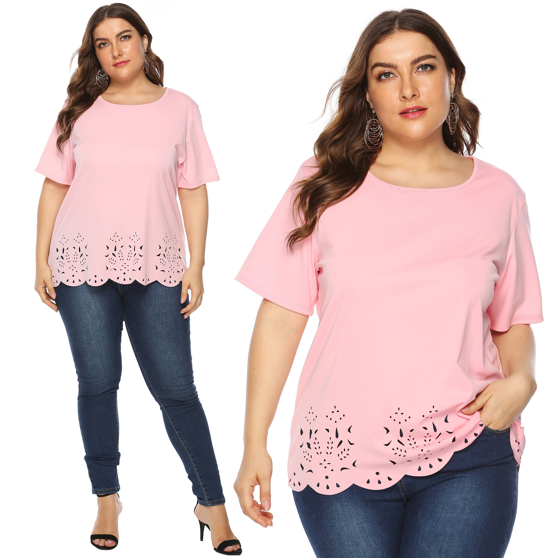 Cross-border Plus tamaño de las mujeres de color sólido quemado flor hueco borde de la onda simple casual cuello redondo Camiseta de manga corta para las mujeres 10019