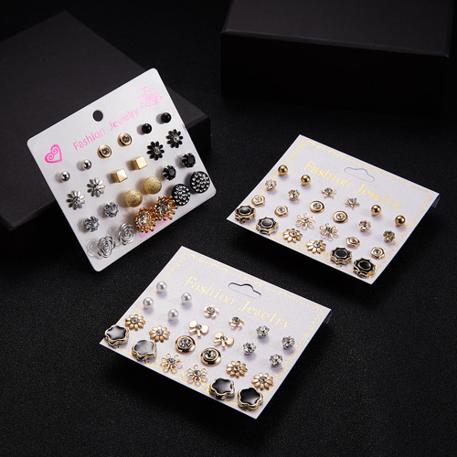Factory direct sales new paper card zircon card earrings, versatile style 12 pairs of pearl flower bow zircon card earrings