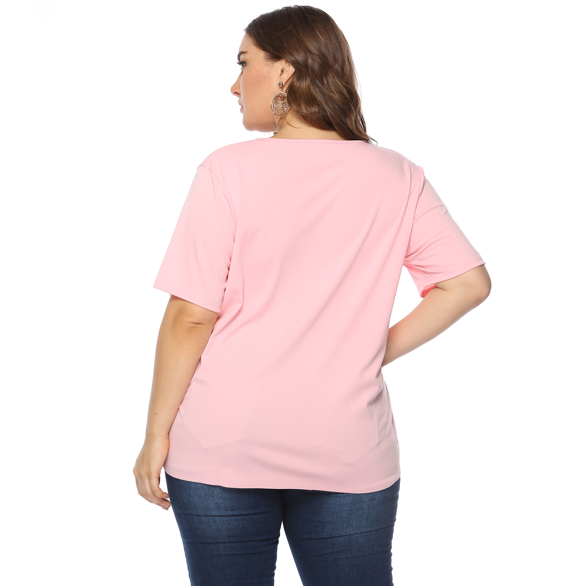 Cross-border Plus tamaño de las mujeres de color sólido quemado flor hueco borde de la onda simple casual cuello redondo Camiseta de manga corta para las mujeres 10019