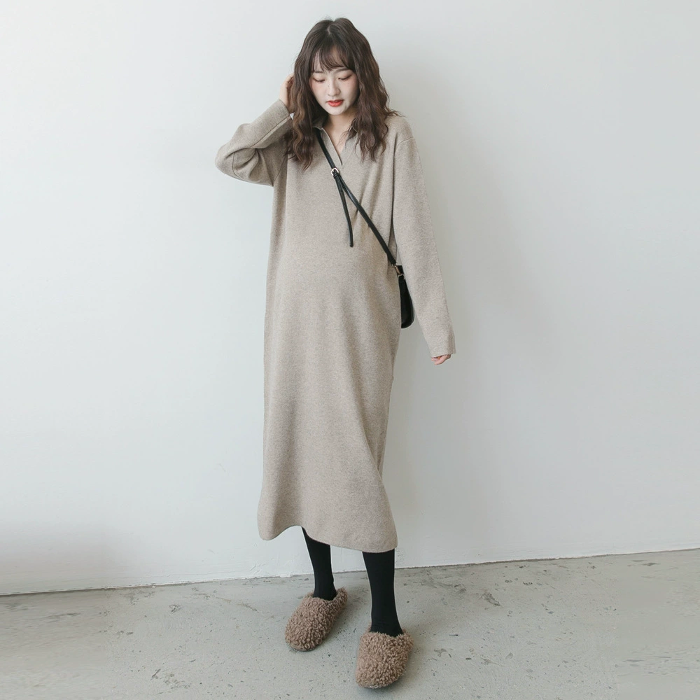 Осенне-зимняя одежда для беременных, вязаная юбка с квадратным воротником в Корейском стиле, Свободный Длинный свитер больших размеров, модная универсальная базовая юбка, модная одежда для мам