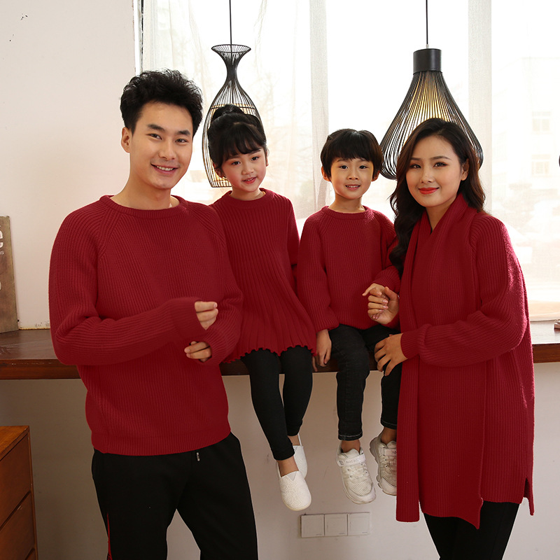 一家三四口亲子装全家装四喜亲子装母女母子父子装红色亲子毛衣