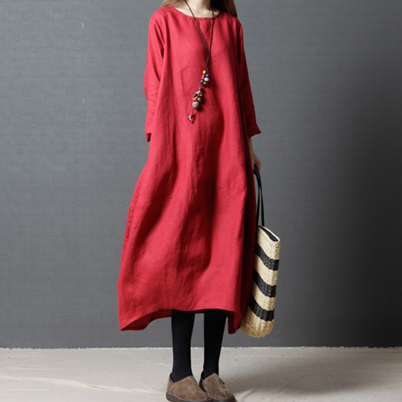 2026 New Women's Dress Korean Style Loose Plus Size Cotton and Linen Long Sleeve Round Neck Long Dress