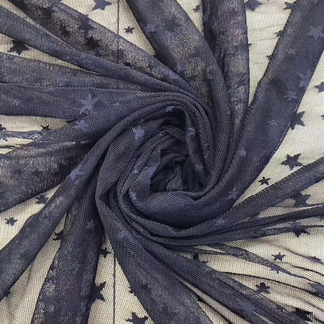 Tela de encaje de poliéster, tela de malla jacquard no elástica, patrón de estrella de cinco puntas, multicolor, suministro directo del fabricante.