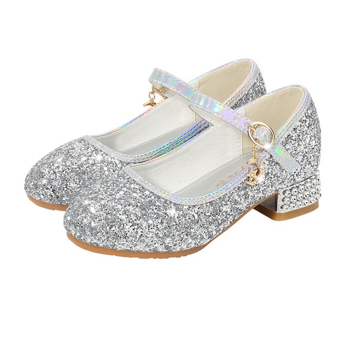 Girls' High Heels, Versatile New Girls' Shoes, Fashion Show Host Shoes, Children's Silver Crystal Princess Shoes
