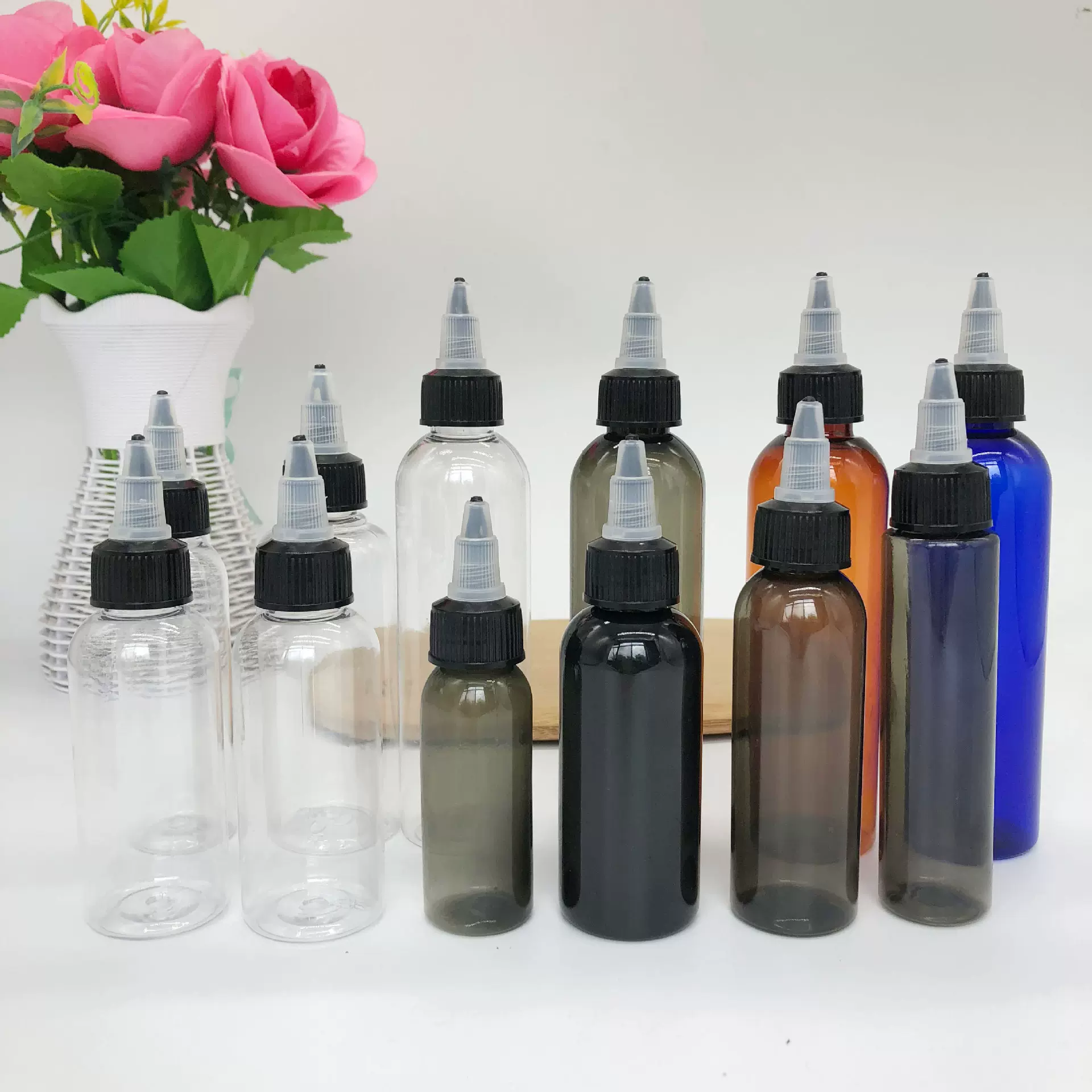 现货30m100mlpet透明塑料瓶颜料瓶精油瓶化妆水分装瓶尖嘴盖瓶子