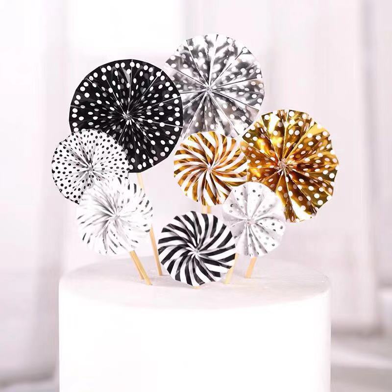 Sunflower folding fan flag cake decoration plug-in gold and silver powder blue origami baking dress party plug-in 4-piece set