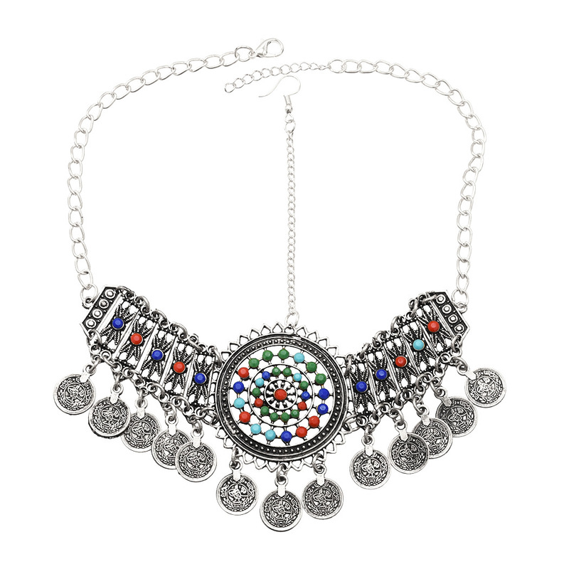 Bohemian ethnic style hair accessories vintage coin tassel headdress bracelet colorful rhinestone color random accessories