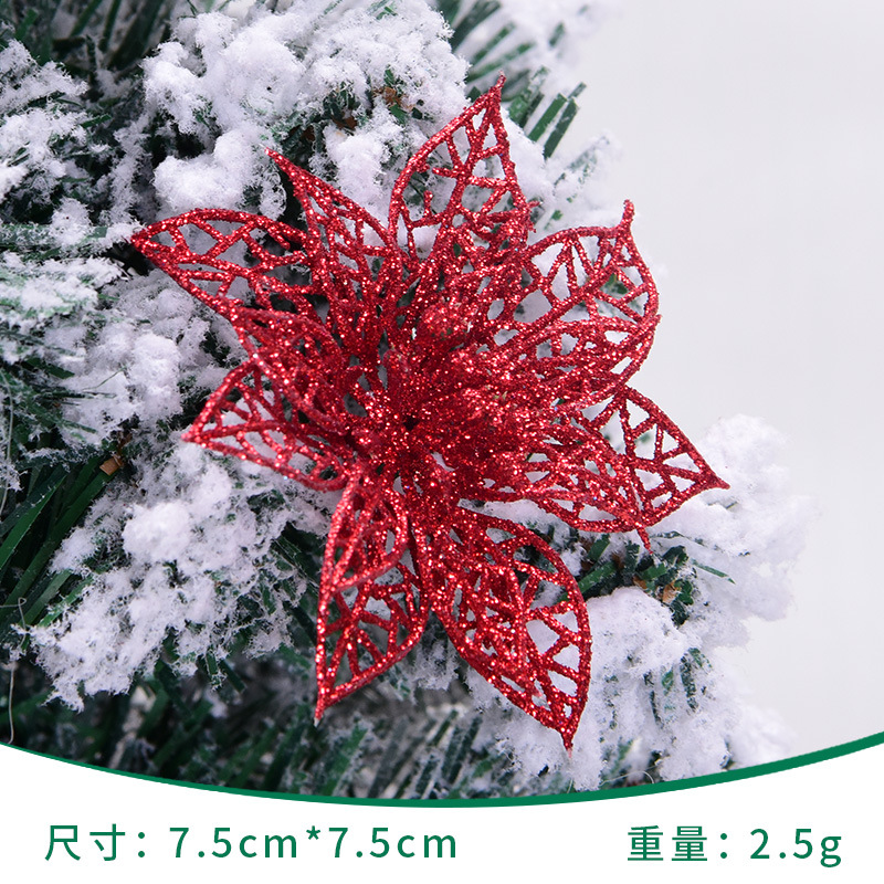Flores navideñas huecas de polvo dorado, decoración para corona de árbol de Navidad, suministros navideños, adornos colgantes para ambiente navideño, decoraciones de flores artificiales