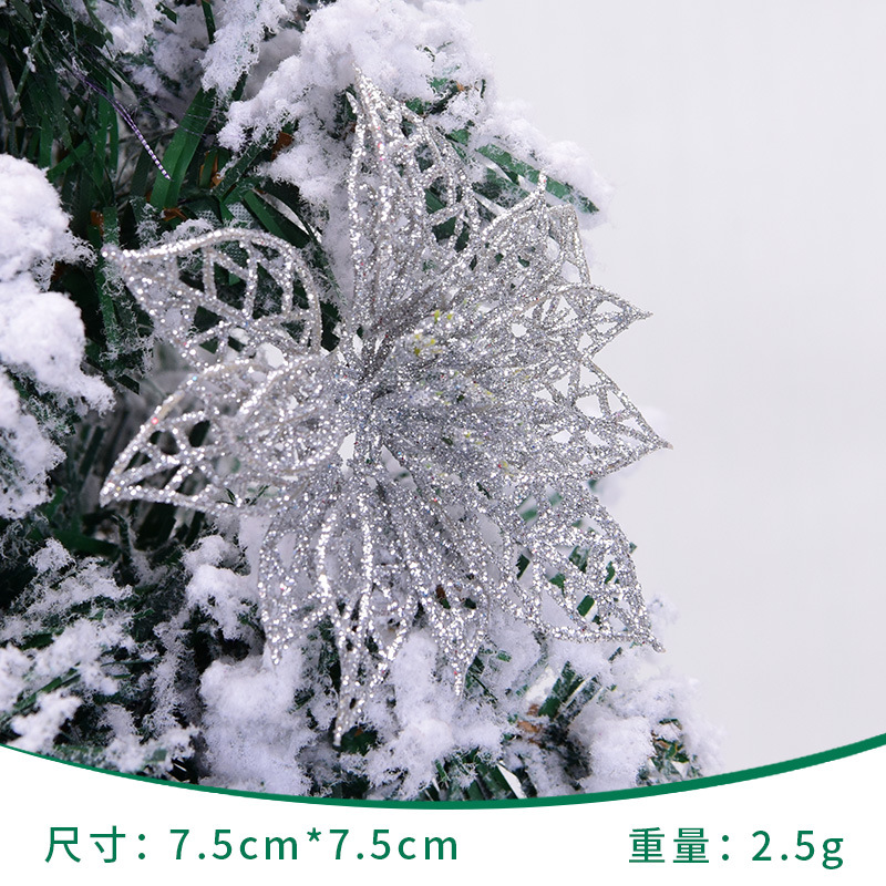 Flores navideñas huecas de polvo dorado, decoración para corona de árbol de Navidad, suministros navideños, adornos colgantes para ambiente navideño, decoraciones de flores artificiales