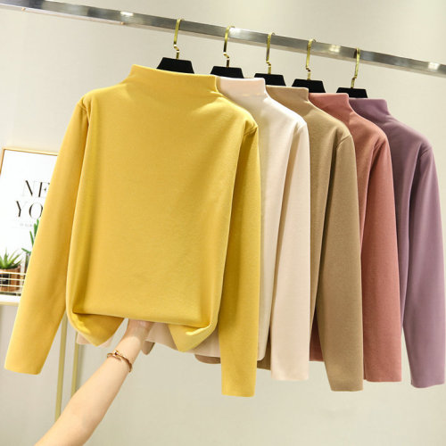Women's Semi-High Collar Double-Sided Fleece Lining T-Shirt for Autumn/Winter, Thick Long-Sleeve T-Shirt with Warmth