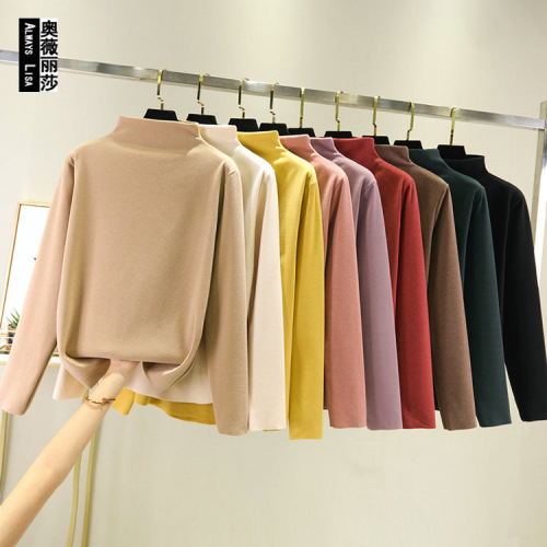 Women's Semi-High Collar Double-Sided Fleece Lining T-Shirt for Autumn/Winter, Thick Long-Sleeve T-Shirt with Warmth