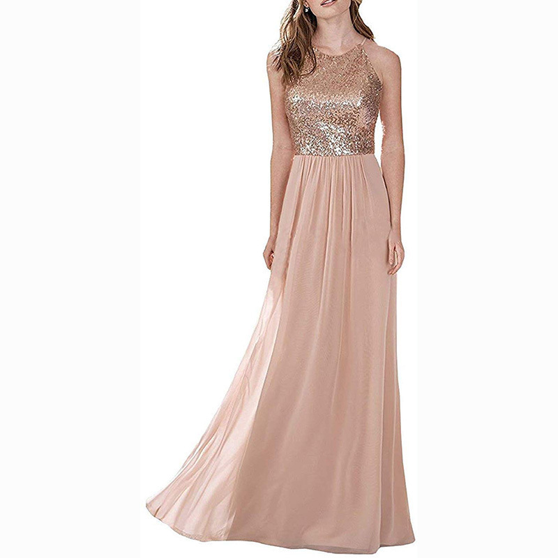 Cross-border New Bridesmaid Dress Backless Chiffon Sequins Doggy Atmosphere Long A- line Ball Wedding Evening Dress Winter
