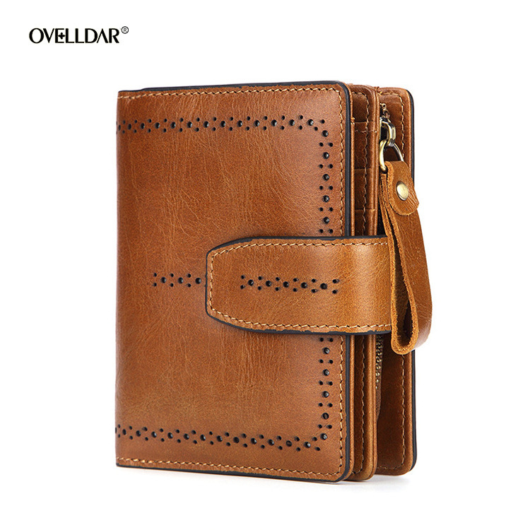 Women's Wallet Factory Supply New Rfid Genuine Leather Short Zipper Bag Oil Wax Cowhide Card Bag Rfid Protection