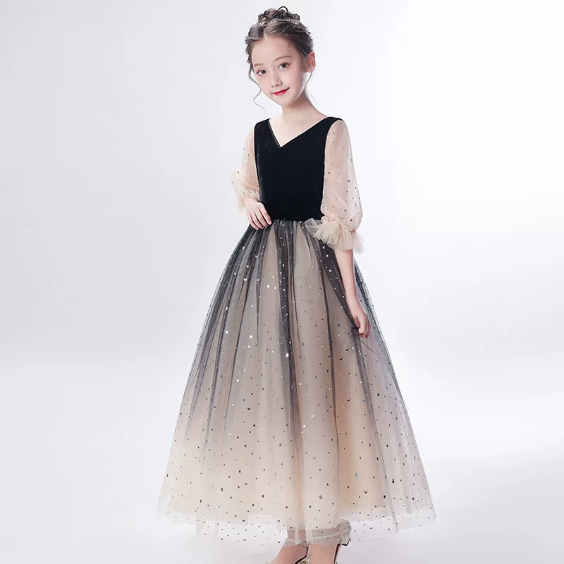 Small princess costume, evening dress, fashionable long skirt, children's piano performance costume, new collection, western style