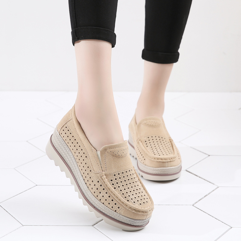 Zapatos de mujer de estilo británico 2019 verano y otoño plataforma de cuña hueca piel de vaca zapatos de mujer talla grande mamá slip-on zapatos de balanceo