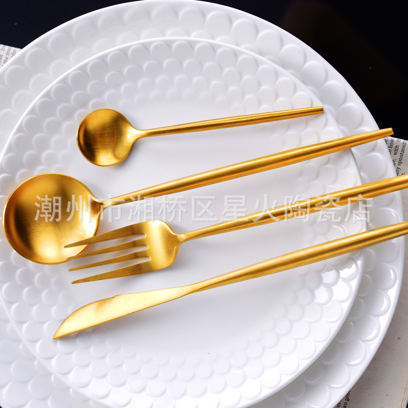 Internet Red Gold Portuguese Tableware 304 Stainless Steel Knife, Fork and Spoon Set Western Hotel Steak Knife, Fork and Spoon