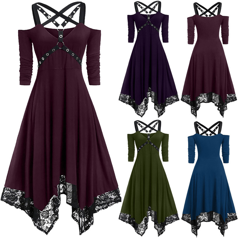 Ebay Aliexpress 2024 Punk Style Solid Color Plus Size Lace Trim Long Sleeve Irregular Dress Hot Selling Fashion