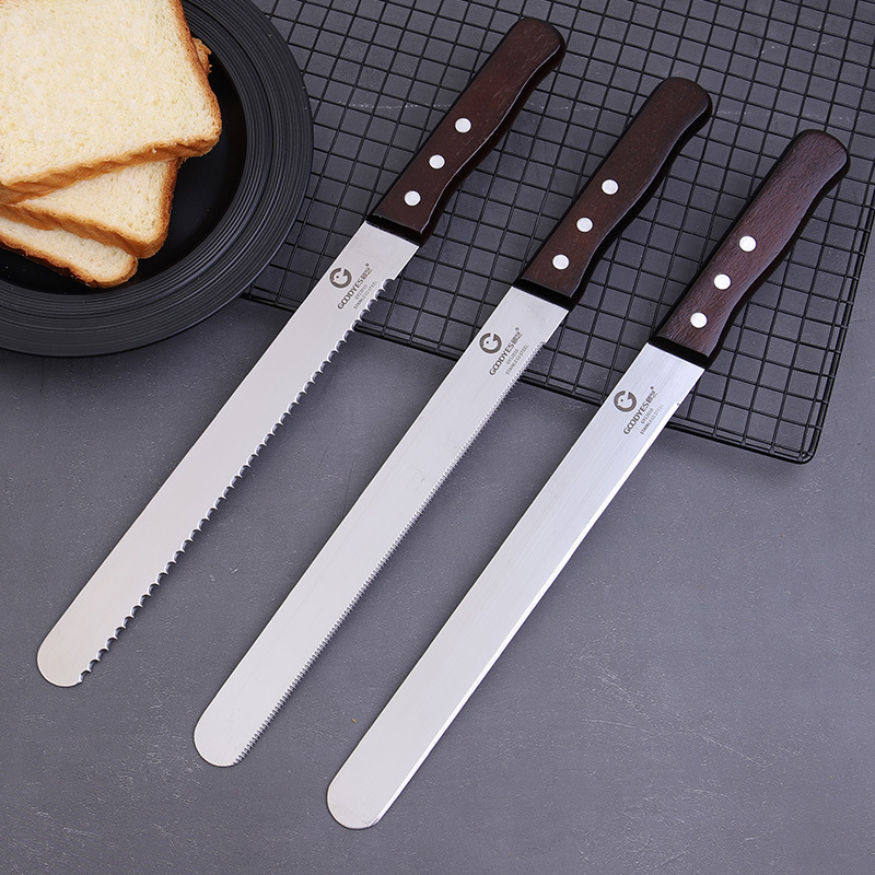 10 12 14inch Stainless Steel Wooden Handle Bread Serrated Knife Cake Slicing Mousse Flat Cutter Baking Tool