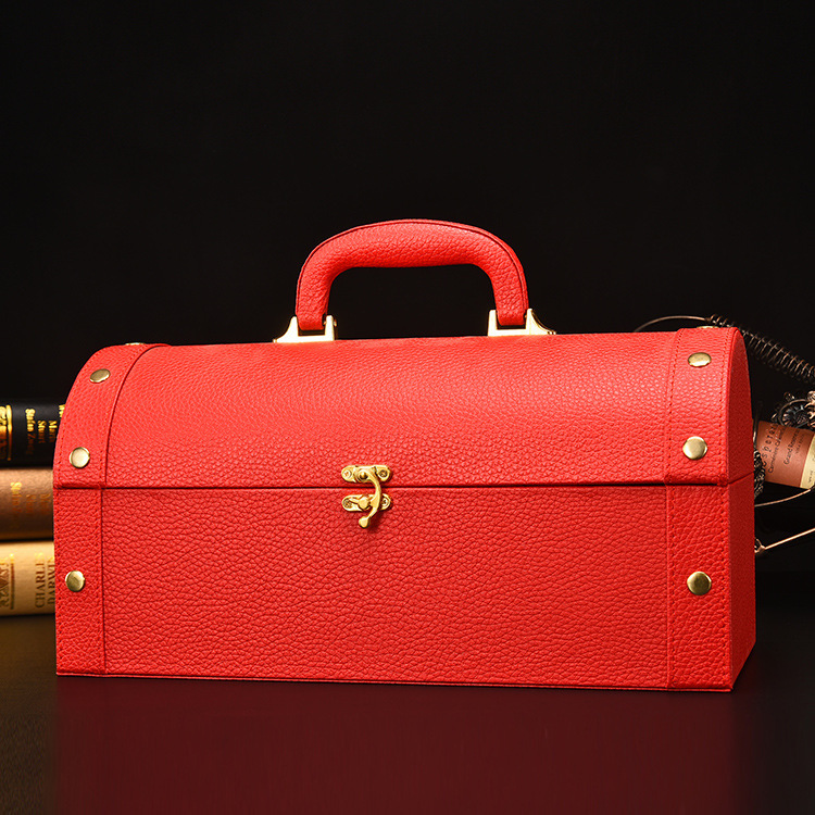 厂家直销新款红酒瓶礼盒PU红色皮质葡萄酒手提箱香槟包装盒LOGO