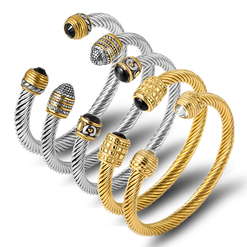 European and American Hot-Selling Titanium Steel Twisted Wire Gold Bracelet Stainless Steel Wire Rope Bracelet Cable Wire Bracelet Multi-Color Wholesale