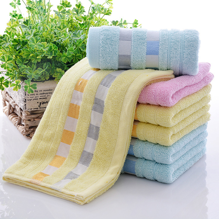 In-Stock Towels Wholesale, Thick Absorbent Ribbon Checkered Plain Cotton Towels for Street Vendors, Jacquard Pure Cotton Face Towels