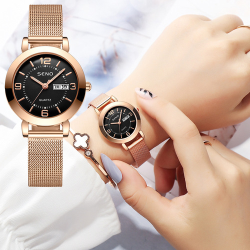 Drop shipping women's quartz watch non-mechanical Milan watch luminous waterproof dual calendar female student alloy watch