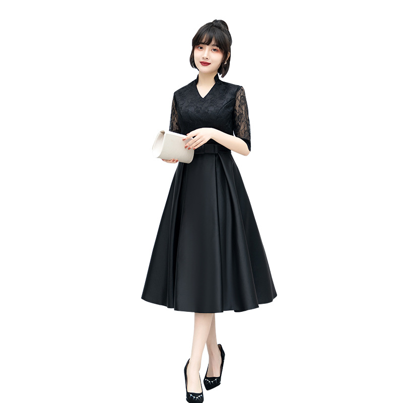 Vestido de Noche para Mujer, Estilo Banquete, 2025, Nuevo, Negro, Midi, para Estudiantes, Informal