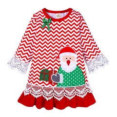 Girls Christmas Dress Santa Claus Embroidered Wave Pattern Ruffle Pleated Skirt Children's Long Sleeve Skirt Spring and Autumn