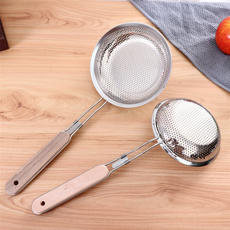 Stainless steel filter spoon multi -function wooden handle oil grid fried large -gum -gum -gum kitchen tool manufacturer approves network leakage