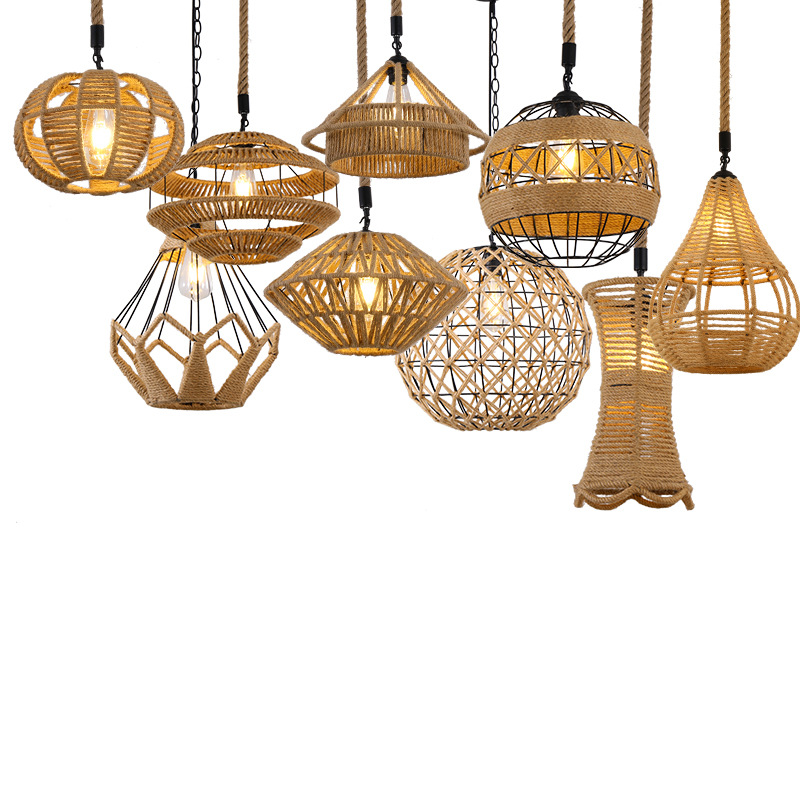 Retro estilo industrial cuerda de cáñamo lámpara cuerda hecha a mano bricolaje pantalla ropa restaurante personalidad creativa país cáñamo cuerda araña