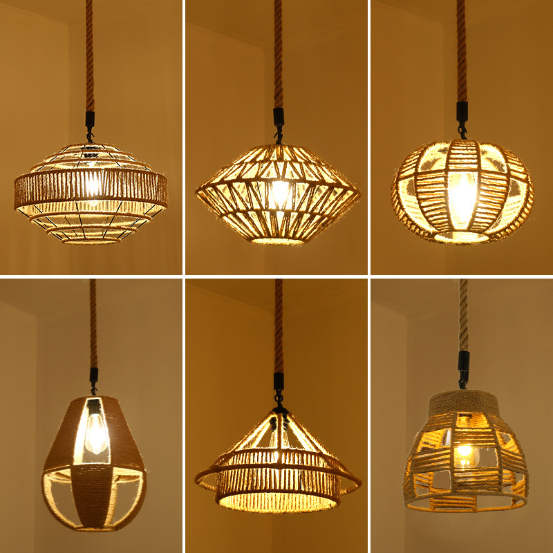 Retro estilo industrial cuerda de cáñamo lámpara cuerda hecha a mano bricolaje pantalla ropa restaurante personalidad creativa país cáñamo cuerda araña