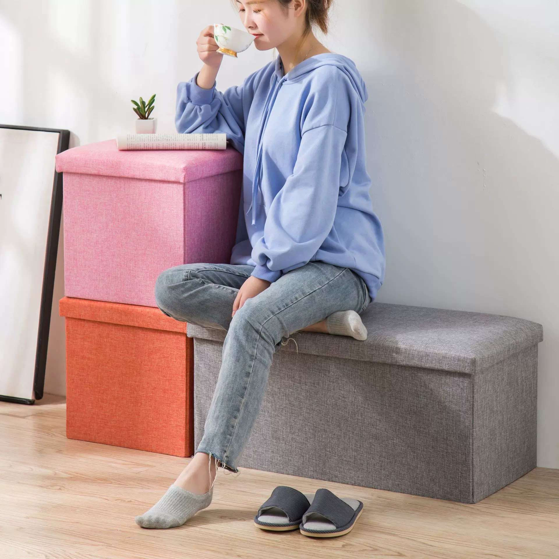 跨境直供棉麻加强储物凳折叠凳家居麻布整理收纳凳布艺换鞋凳子