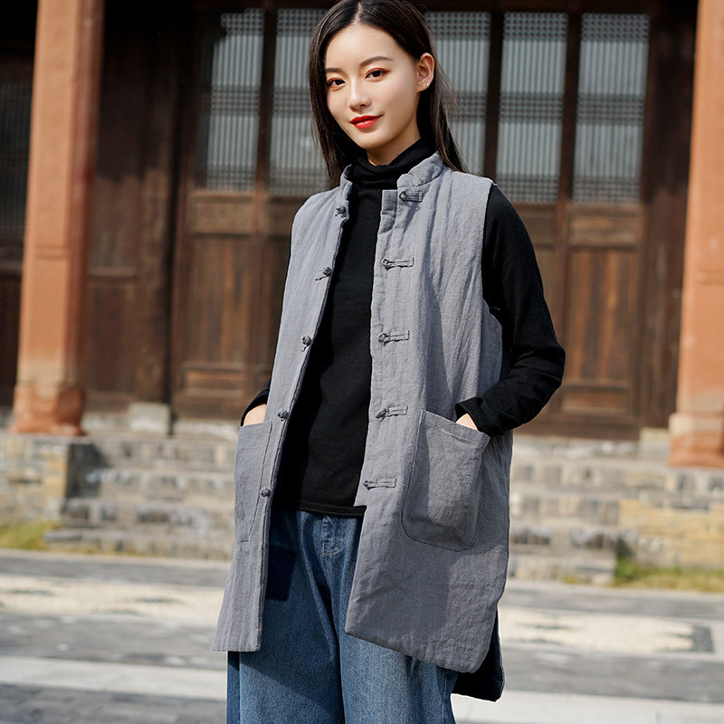 2025 Winter New Cotton and Linen Women's Retro Ramie Stand Collar Sand Washed Mid-Length Cotton Vest Thickeneded Women's Cotton Vest
