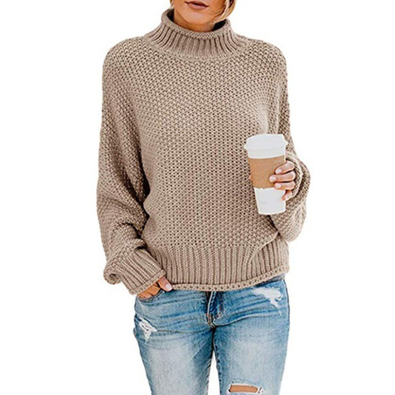 Autumn and Winter New European and American Thick Needle Half Turtleneck Pullover Bat Sleeve Knitted Loose Large Version Top Outer Sweater for Women