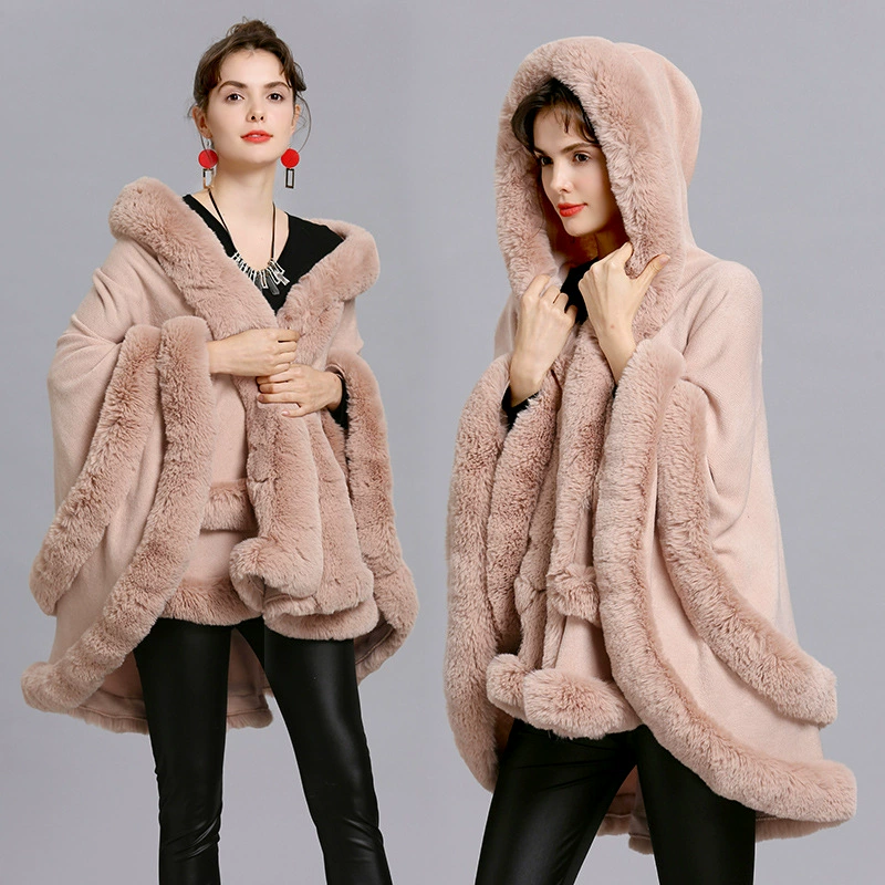 Пальто-пончо кардиган с капюшоном, европейский стиль, plus size, отделка из искусственного меха