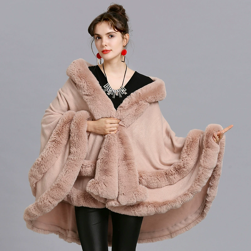 Пальто-пончо кардиган с капюшоном, европейский стиль, plus size, отделка из искусственного меха