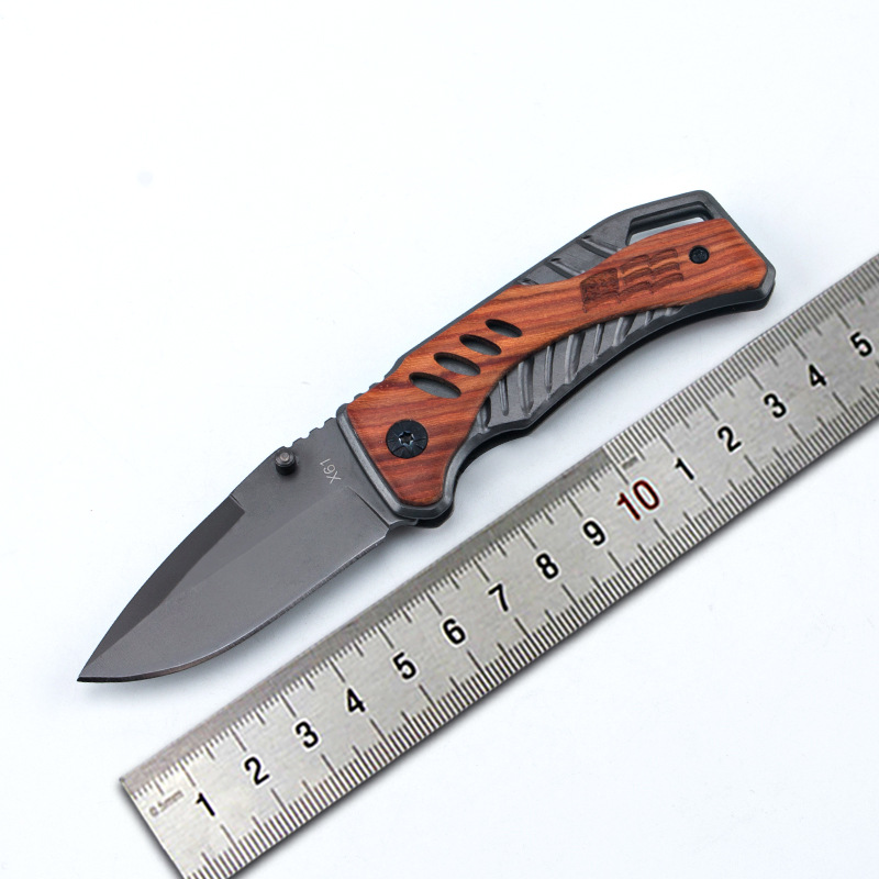 户外折叠折刀 X61不锈钢随身刀 防身刀 野外小刀木柄锋利折刀