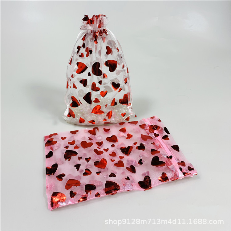 情人节爱心大红束口网纱袋/圣诞节礼品袋雪花烫金欧根纱礼品袋