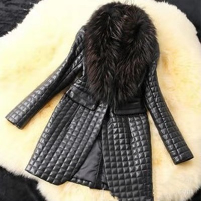 Foreign Trade Explosions Super Large Raccoon Fur Collar Sheepskin Imitation Leather Cotton Leather Coat Women's Mid-length Coat