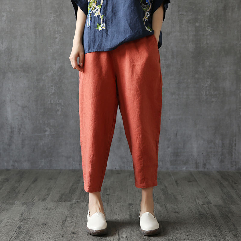 Cross-Border Plus Size Women's Pants Spring and Summer Nine-Point Pants Loose Harem Casual Pants Imitation Cotton and Linen Carrot Pants Export