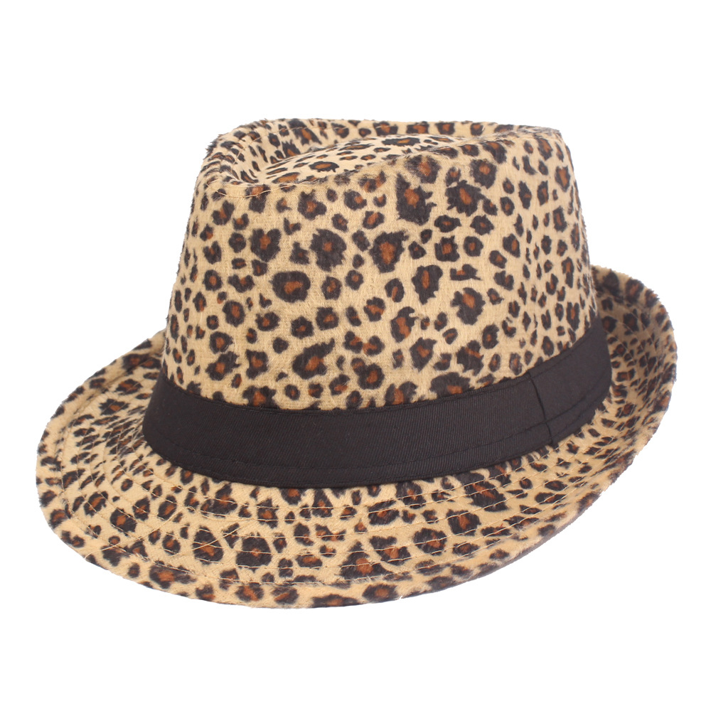 Sombrero de leopardo con estampado de leopardo para hombres y mujeres Sombrero de jazz Sombrero de comercio exterior europeo y americano Sombrero de otoño e invierno con estampado de leopardo pequeño sombrero de alto rendimiento en el escenario