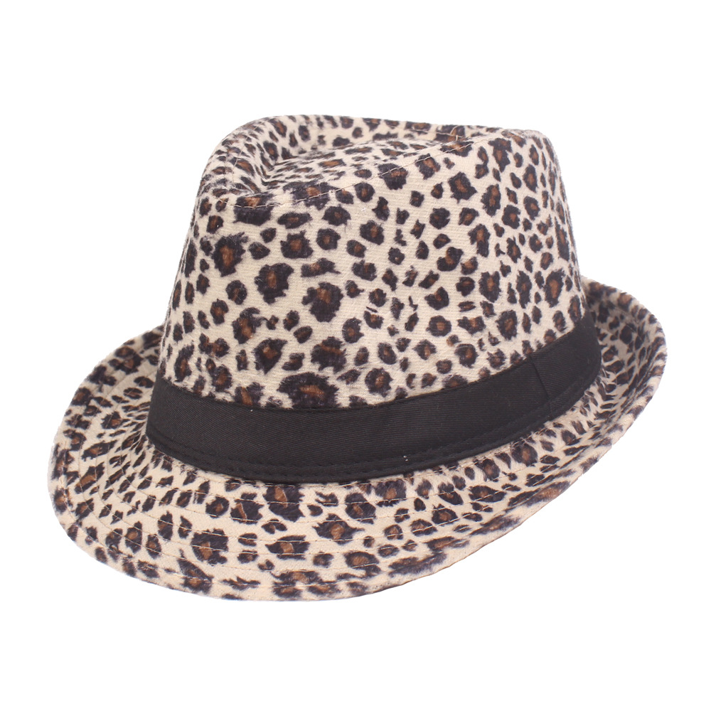 Sombrero de leopardo con estampado de leopardo para hombres y mujeres Sombrero de jazz Sombrero de comercio exterior europeo y americano Sombrero de otoño e invierno con estampado de leopardo pequeño sombrero de alto rendimiento en el escenario