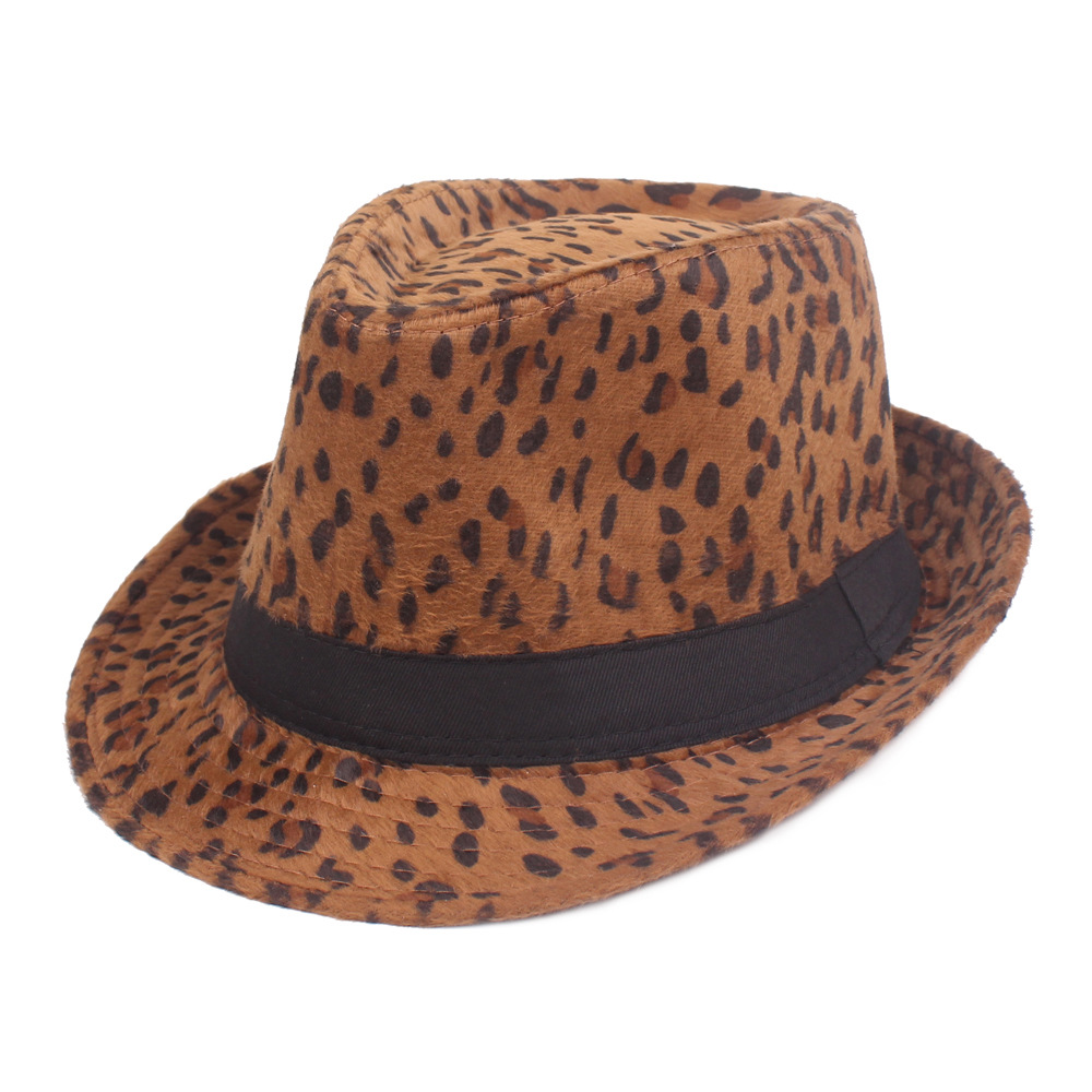 Sombrero de leopardo con estampado de leopardo para hombres y mujeres Sombrero de jazz Sombrero de comercio exterior europeo y americano Sombrero de otoño e invierno con estampado de leopardo pequeño sombrero de alto rendimiento en el escenario