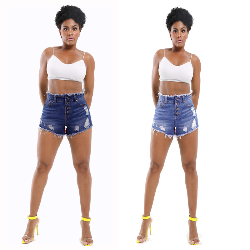 2023 primavera nuevo en stock al por mayor americano Amazon primavera y verano nuevo botón borla borde ropa de mujer Pantalones cortos de mezclilla