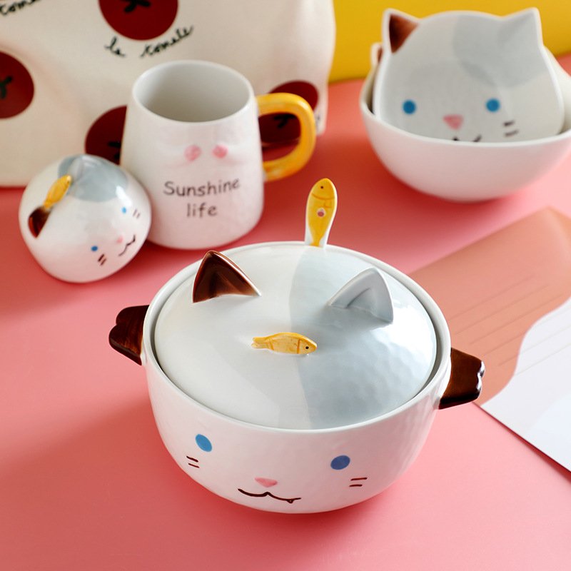 Serie de cocina lindo animal tazón de fideos instantáneos tazón de arroz de cerámica de doble oreja de gran capacidad tazón de fideos antiquemaduras para niños tazón de sopa de arroz