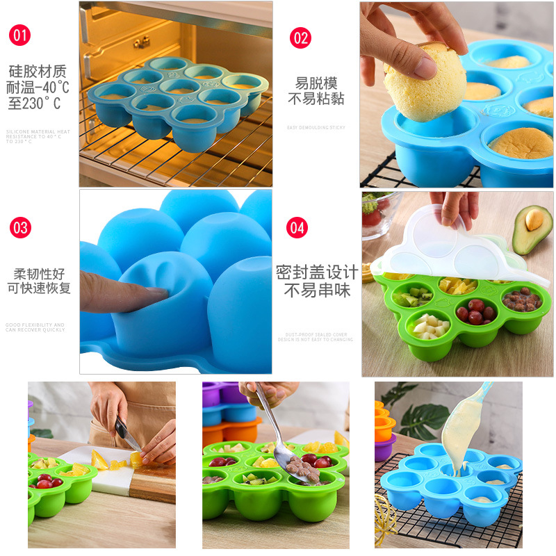 9-agujero silicona bebé niños hogar fruta comida suplemento caja con tapa crisper congelado almacenamiento hielo cubo hielo bandeja molde