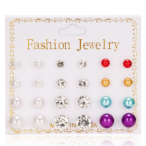 Factory direct sales new paper card zircon card earrings, versatile style 12 pairs of pearl flower bow zircon card earrings