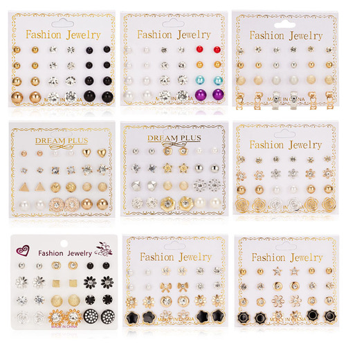 Factory direct sales new paper card zircon card earrings, versatile style 12 pairs of pearl flower bow zircon card earrings