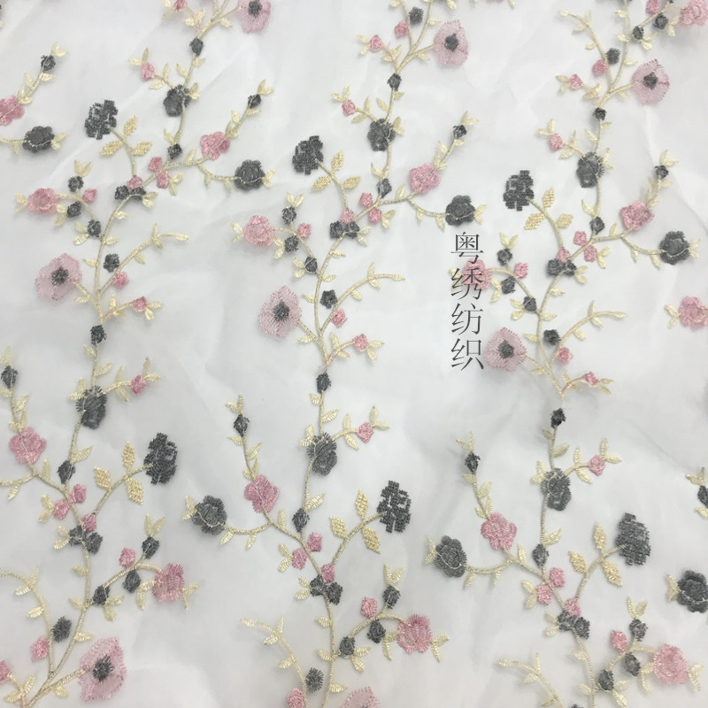 En stock venta al por mayor nueva organza bordado multicolor contraste color tridimensional vestido bordado cheongsam moda no elástico tela
